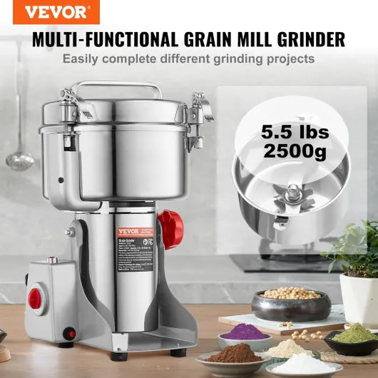 Moulin à Épices Électrique 2500 g, Broyeur à Grains Commercial 3400 W à Haute Vitesse, Moulin à Farine en Acier Inoxydable, Type Oscillant, pour Moudre Rapidement Céréales Épices Herbes Cafés 2500-Y