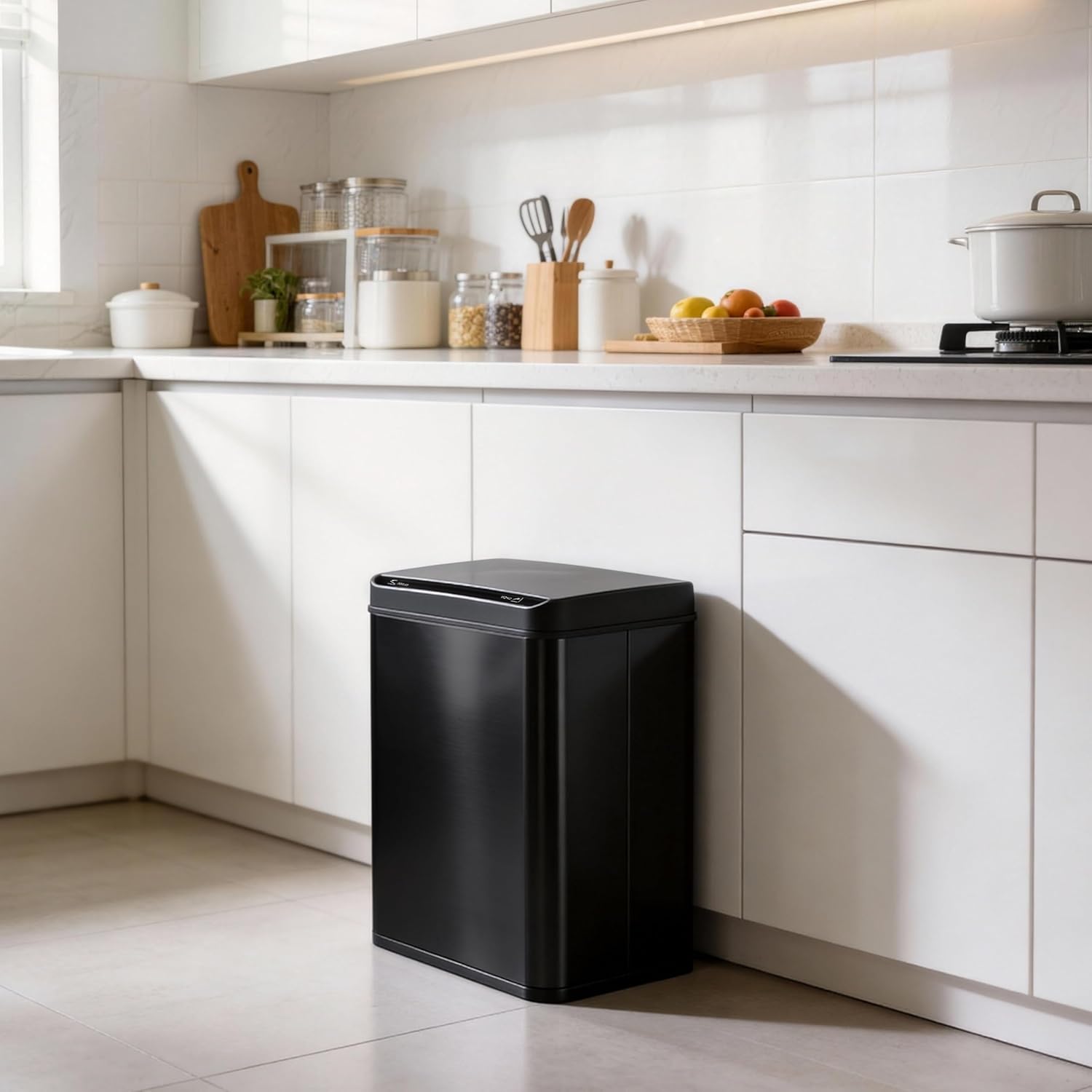 Poubelle en acier inoxydable 30 l - Poubelle avec capteur - Ouverture et fermeture automatiques - Poubelle de cuisine avec indicateur de fonction LED, noire Noir 30 Liter