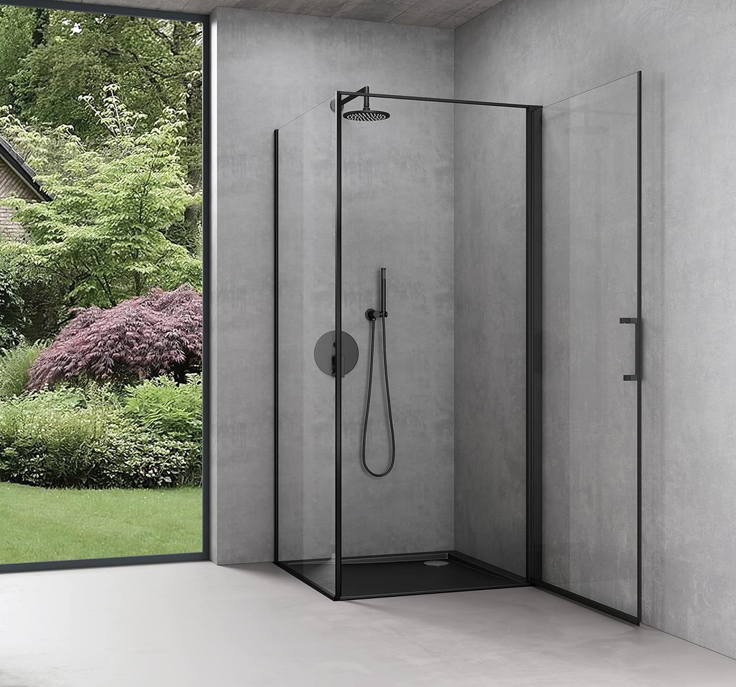 Cabine de Douche en Angle Montage réversible Noir 90x90x195 Paroi de Douche Design Ravenna36K-Plus Porte Pivotante Autolevante en Verre Transparant de 8mm 90x90x195cm Transparent + Noir