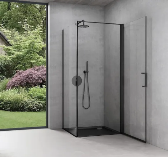 Cabine de Douche en Angle Montage réversible Noir 90x90x195 Paroi de Douche Design Ravenna36K-Plus Porte Pivotante Autolevante en Verre Transparant de 8mm 90x90x195cm Transparent + Noir