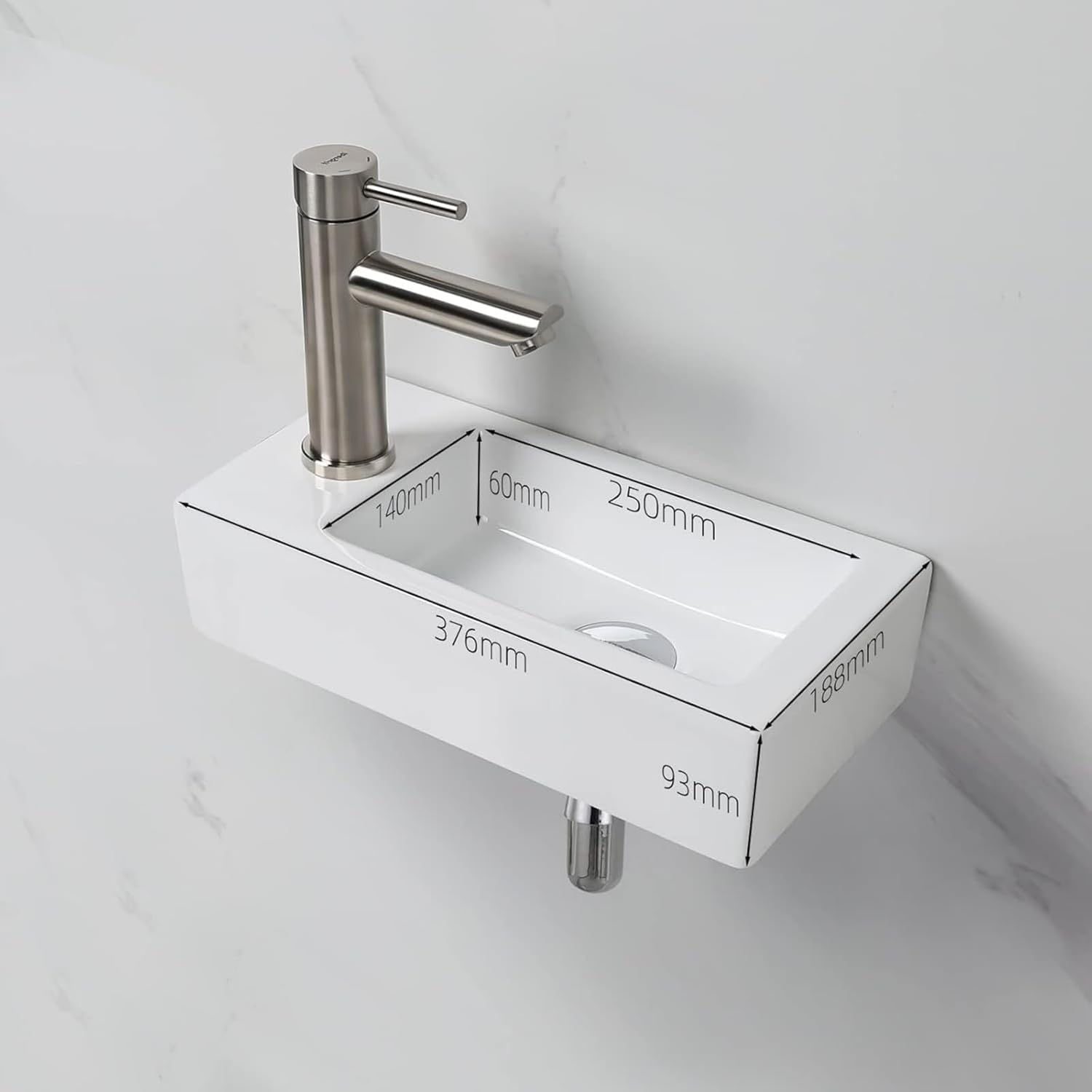 M41102-L, Lavabo Lave Main Blanc Rectangulaire en Céramique Suspendu pour Salle de Bains et WC Main gauche