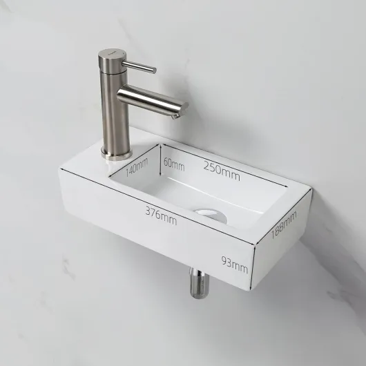 M41102-L, Lavabo Lave Main Blanc Rectangulaire en Céramique Suspendu pour Salle de Bains et WC Main gauche