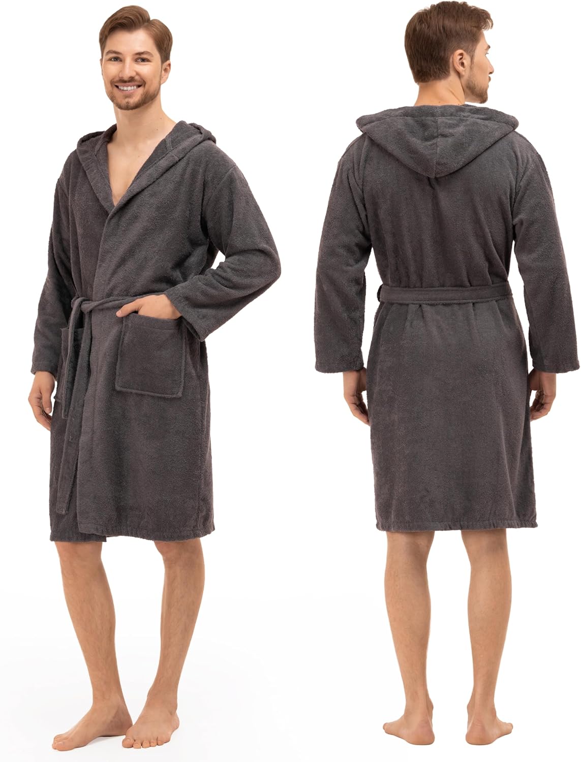 Peignoir de Bain Homme - 100% Coton avec Capuche - Certifié Oeko-TEX® - Robe de Chambre Eponge 2 Poches, Ceinture - Doux, Absorbant et Confort XXL Gris Foncé
