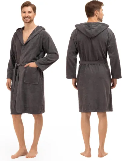 Peignoir de Bain Homme - 100% Coton avec Capuche - Certifié Oeko-TEX® - Robe de Chambre Eponge 2 Poches, Ceinture - Doux, Absorbant et Confort XXL Gris Foncé