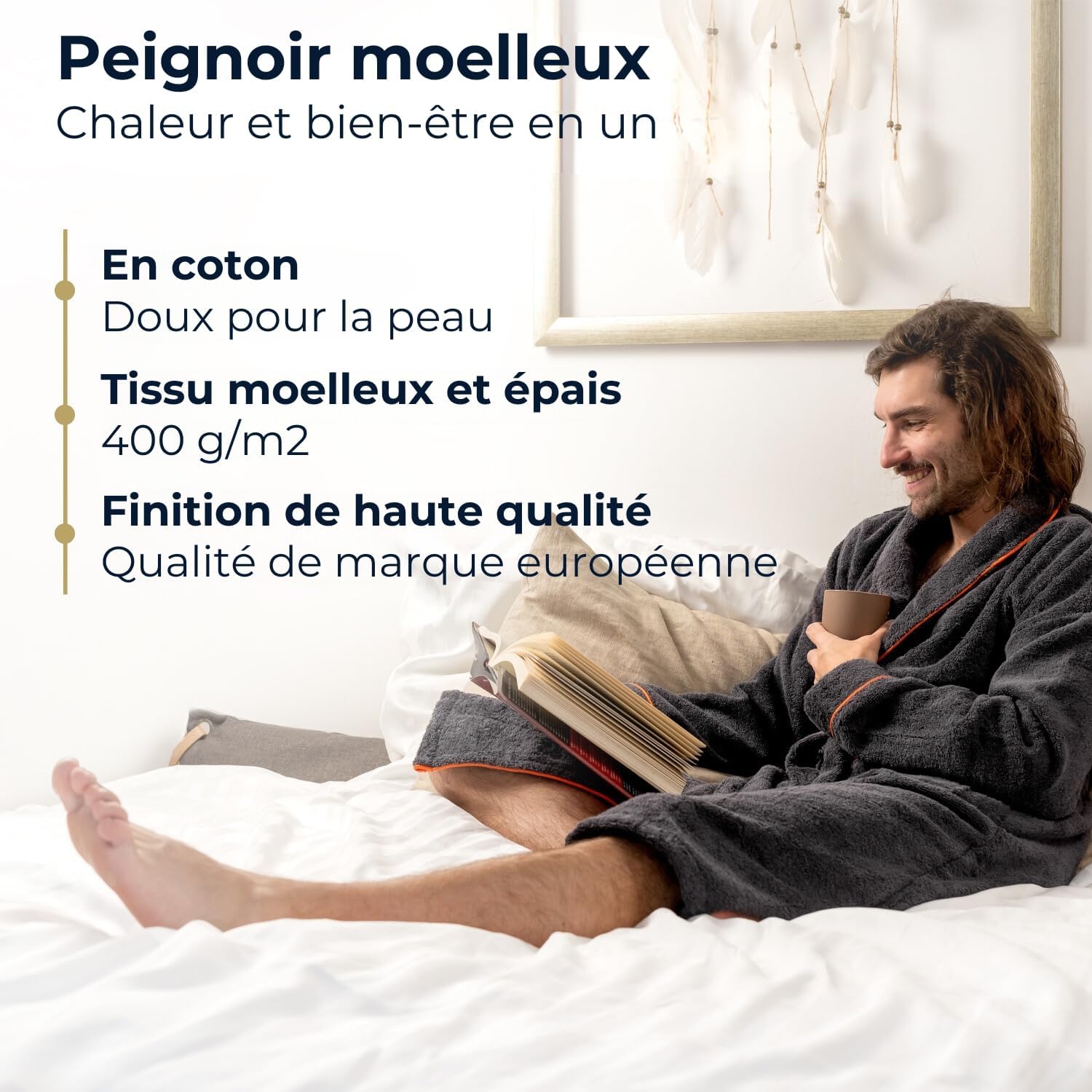 Nouveauté du produit : peignoir pour homme en coton douillet gris anthracite – extra doux et confortable – Taille S/M/L/XL/XXL – Peignoir de sauna en éponge – Certifié Oeko-Tex XL Anthracite/orange