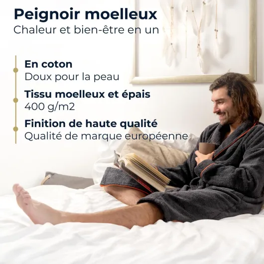 Nouveauté du produit : peignoir pour homme en coton douillet gris anthracite – extra doux et confortable – Taille S/M/L/XL/XXL – Peignoir de sauna en éponge – Certifié Oeko-Tex XL Anthracite/orange
