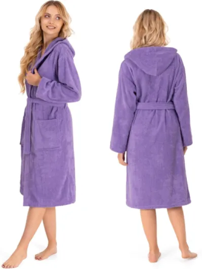 Peignoir de Bain Femme - XS, S, M, L, XL - 100% Coton avec Capuche - Certifié OEKO-TEX® - Robe de Chambre Eponge 2 Poches, Ceinture - Doux, Absorbant et Confort M Violet