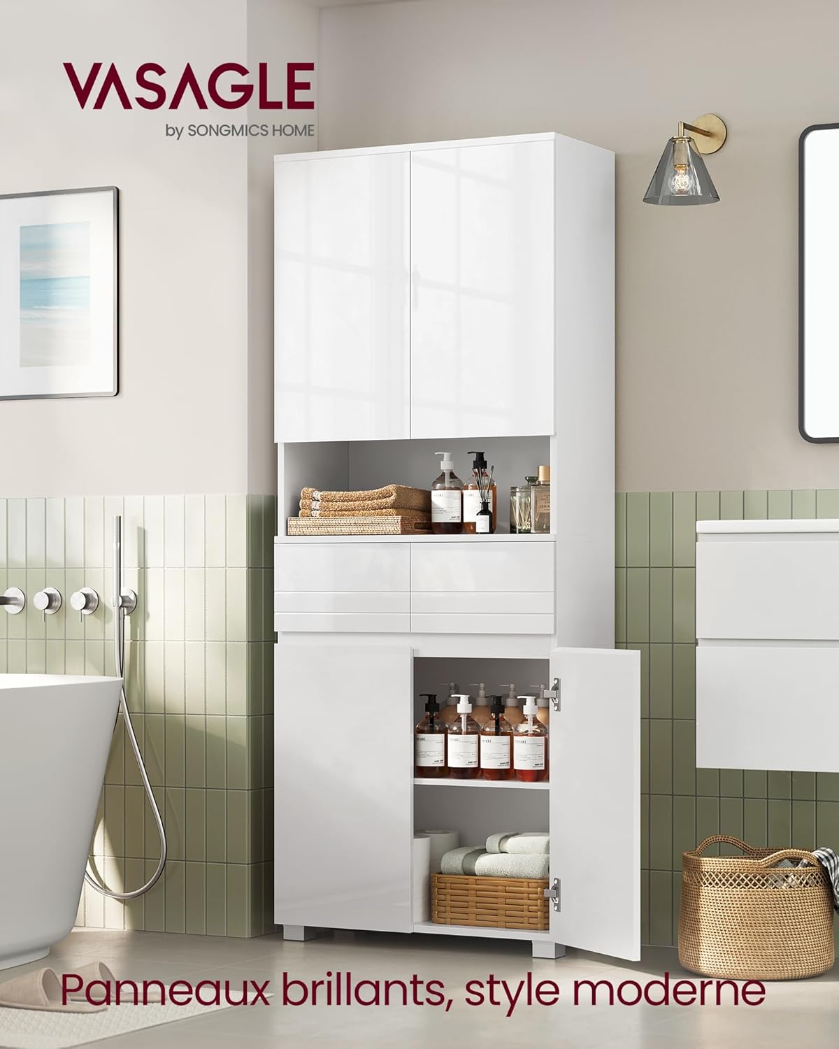 Armoire de Salle de Bain, Meuble de Rangement, Colonne, avec 2 Tiroirs, Étagères Réglables, Compartiments, 30 x 60 x 170 cm, Blanc Nuage BBC563W01 Blanc Nuage 60L cm