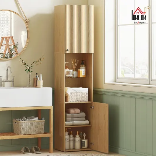 Meuble Colonne Salle de Bain, Meuble de Rangement étroit 6 Niveaux, 2 Portes, Compartiments Ouverts, étagère Verre trempé, étagères réglables, pour Toilette, Petits espaces, 40x31x182cm, chêne