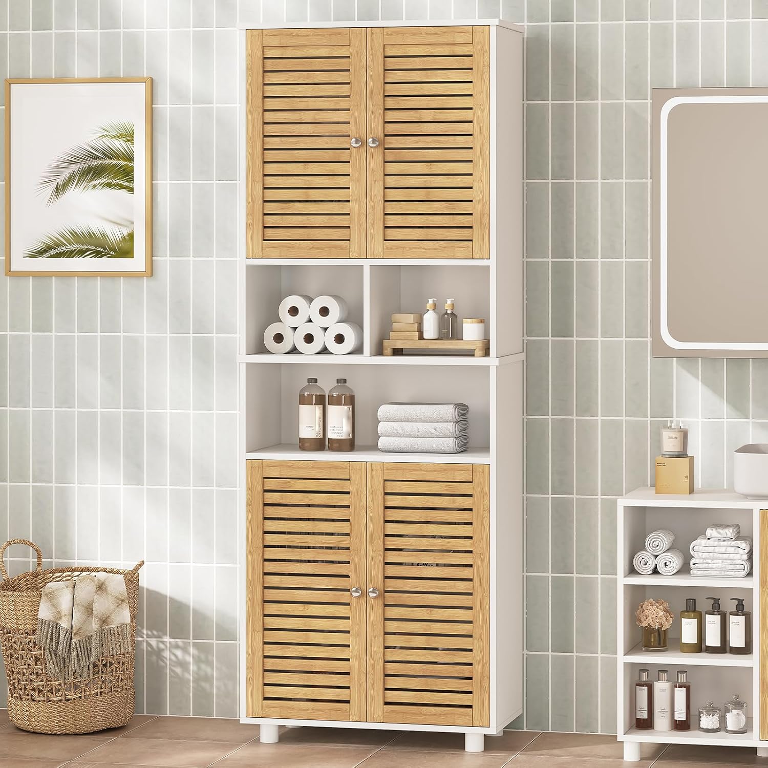 Meuble Colonne de Salle de Bain, Armoire Haute Cuisine avec 3 Étagères Réglables et Ouvertes, 4 Portes en Bambou, Meuble de Rangement pour Salon, Cuisine, Salle de Bain, 60x30x170 cm 60 x 30 x 170 cm