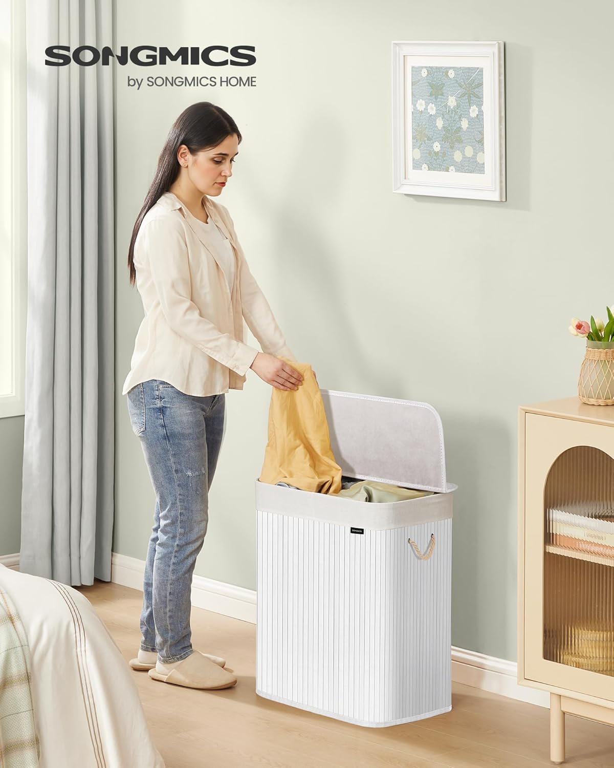 Panier à Linge 100 L, Corbeille Linge Sale 2 Compartiments de Tri, Couvercle, en Bambou, Poignées, Pliable, Sac Amovible Lavable en Machine, Buanderie, Chambre, Blanc LCB64WTV1 100 L (2 Compartiments) Blanc