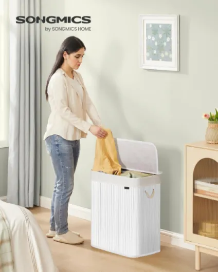 Panier à Linge 100 L, Corbeille Linge Sale 2 Compartiments de Tri, Couvercle, en Bambou, Poignées, Pliable, Sac Amovible Lavable en Machine, Buanderie, Chambre, Blanc LCB64WTV1 100 L (2 Compartiments) Blanc