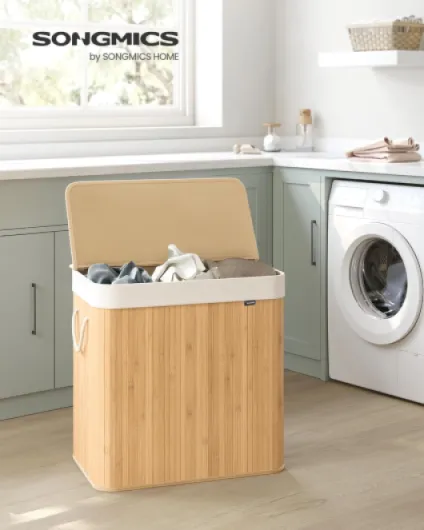 Panier à Linge 150 L, Corbeille Linge Sale 3 Compartiments de Tri, Couvercle, en Bambou, Poignées, Pliable, Sac Amovible Lavable en Machine, Buanderie, Chambre, Couleur Boisée LCB091N01V2 150 L (3 Compartiments) Couleur Boisée