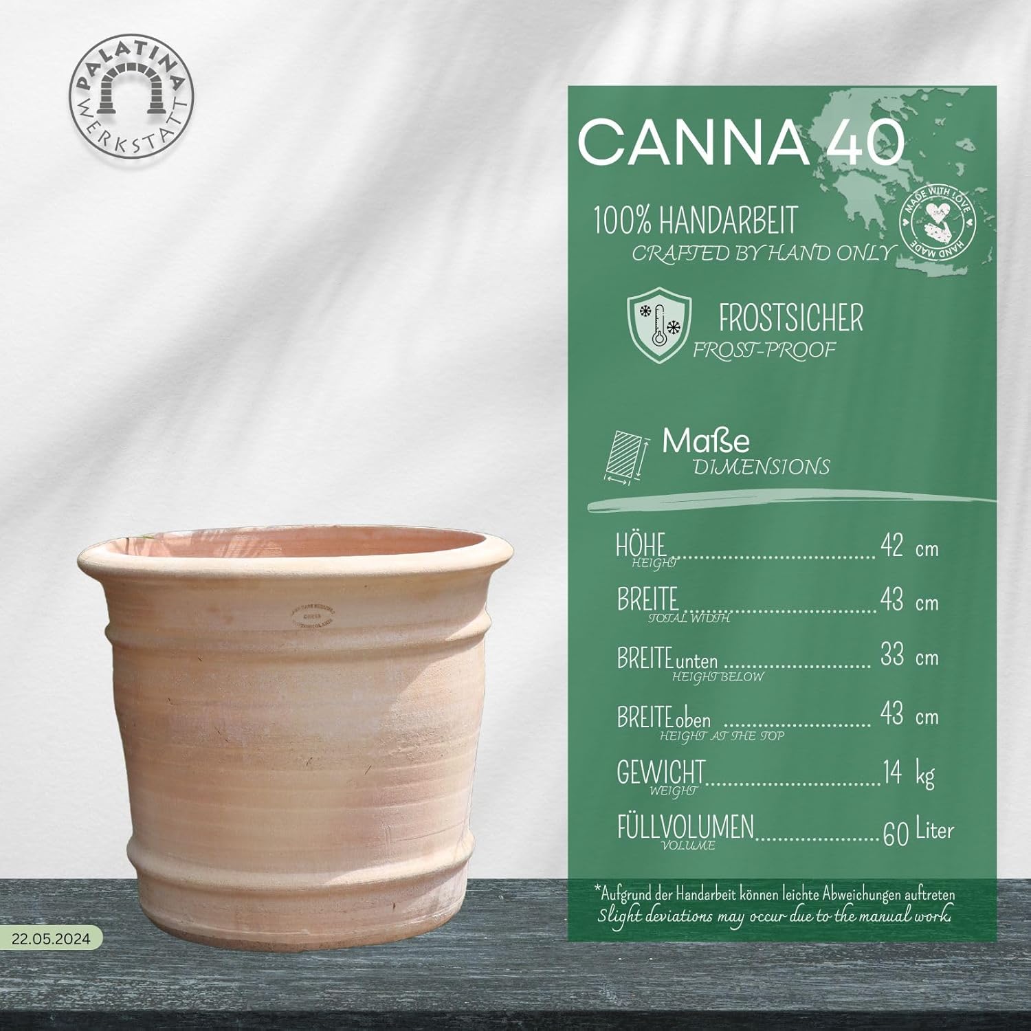 Palatina Lot de 40cm Pots de Fleurs en Terre Cuite Fait à la Main - Résistant au Gel/Stable - pour l'intérieur et l'extérieur Canna 40 cm