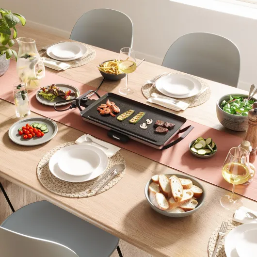 Table Grill Slim M - Plaque de cuission surface généreuse de 46 x 26 cm - Thermostat réglable - Poignées amovibles - Revêtement antiadhésif - Facile à nettoyer - BP-2667 M - 46x26