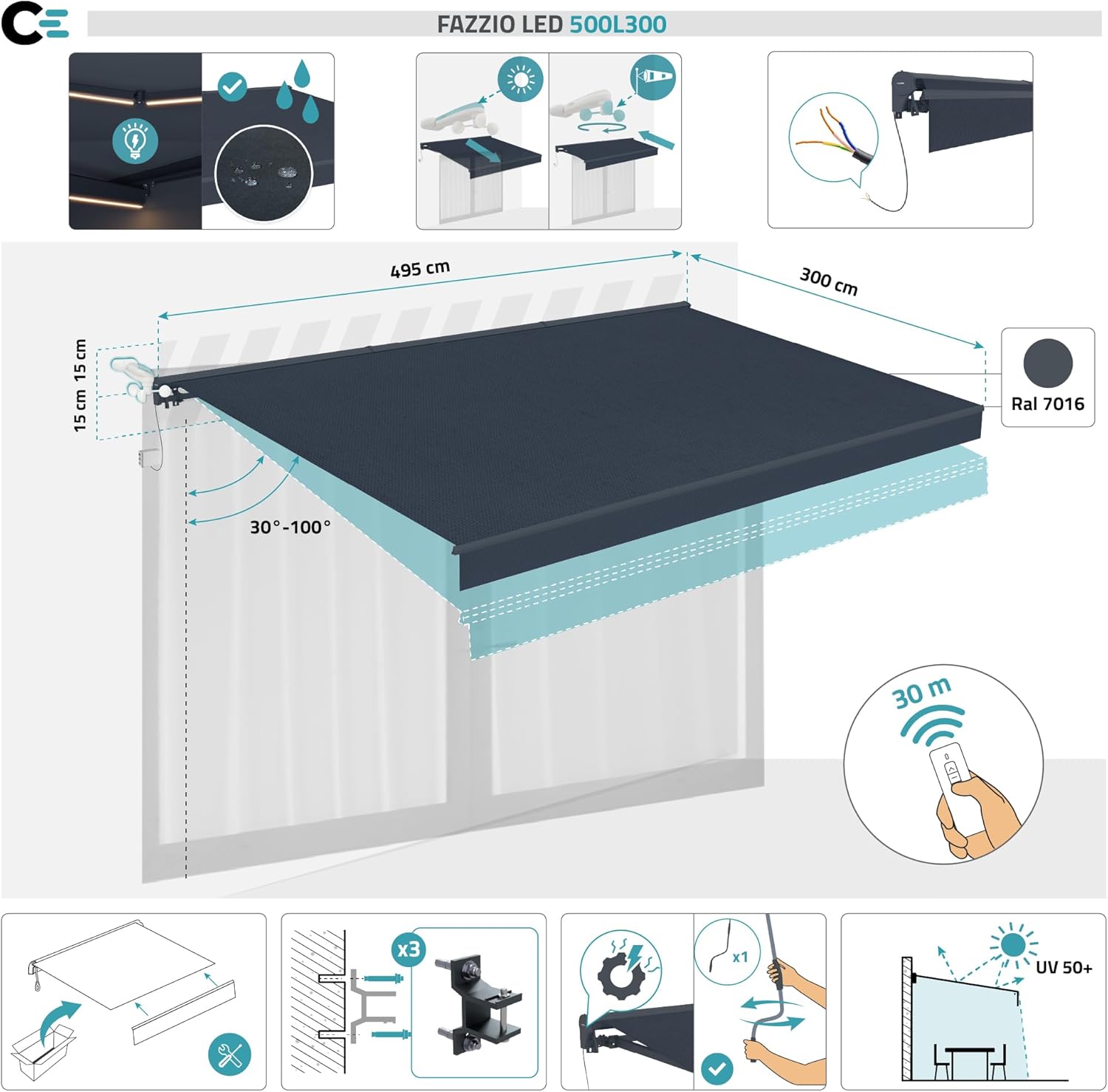 Store Banne Motorisé FAZZIO 495 x 300 cm 5 m 15 m² Gris Anthracite Aluminium LED Intégrées Terrasse Balcon Électrique Confort Automatique Capteur Vent Toile 320 g/m² Inclinaison 30-100°