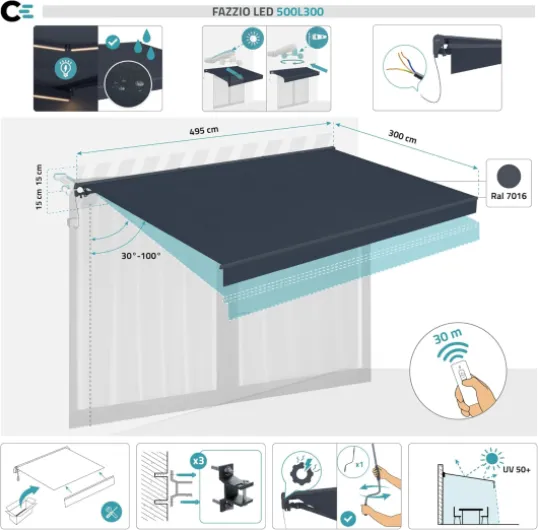 Store Banne Motorisé FAZZIO 495 x 300 cm 5 m 15 m² Gris Anthracite Aluminium LED Intégrées Terrasse Balcon Électrique Confort Automatique Capteur Vent Toile 320 g/m² Inclinaison 30-100°
