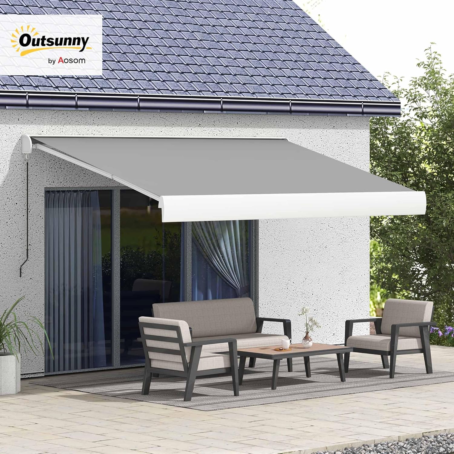 Store banne motorisé, Store banne électrique, 4 x 3 m, Angle réglable 14°-30°, avec télécommande et manivelle Manuelle, en Aluminium et Polyester de 270g/m² Protection Solaire, Gris Clair 395x300 cm