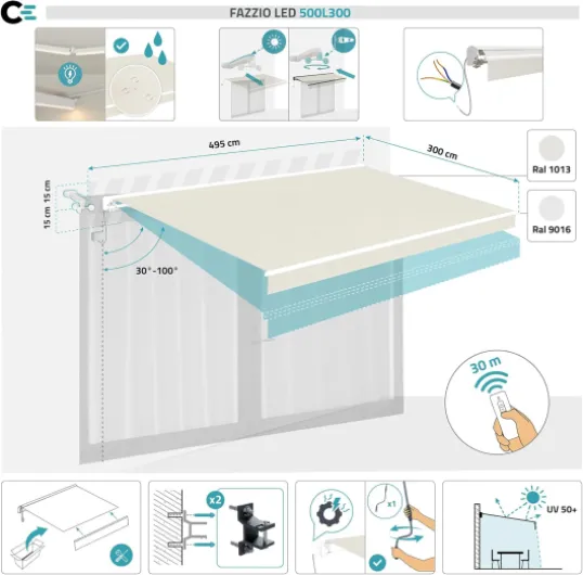 Store Banne Beige Motorisé FAZZIO 495 x 300 cm - 5 x 3 m - 15 m² Aluminium LED Intégrées Protection Terrasse Balcon Électrique Confort Automatique Capteur Vent Toile 320 g/m² Moteur IP55