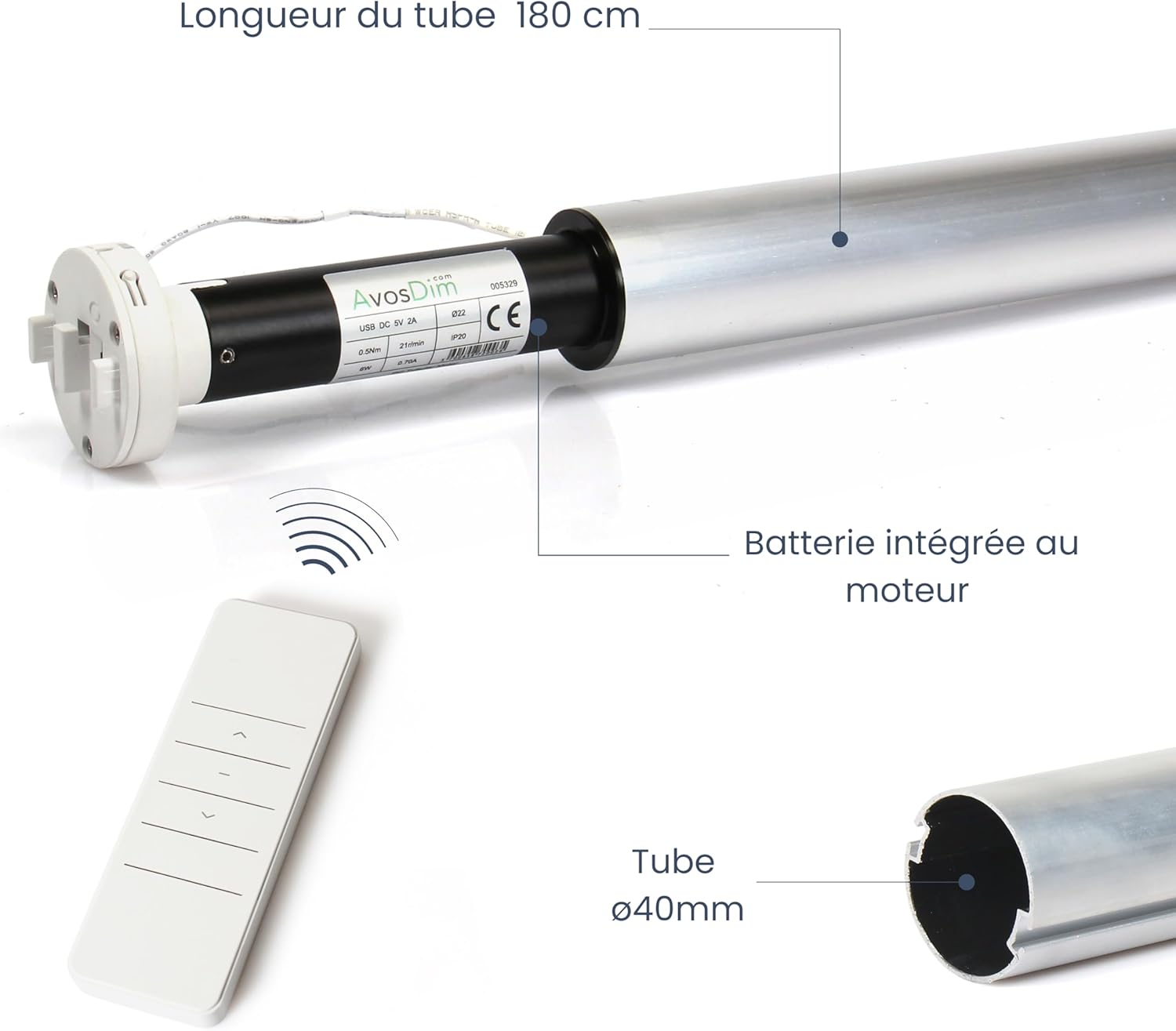 Store Enrouleur Kit Motorisation sans Fil Avosdim - Moteur à Batterie Rechargeable + Télécommande - Installation Facile (Tube ø40mm, LG Tube 180cm) Tube Ø40mm 180l x 4L cm