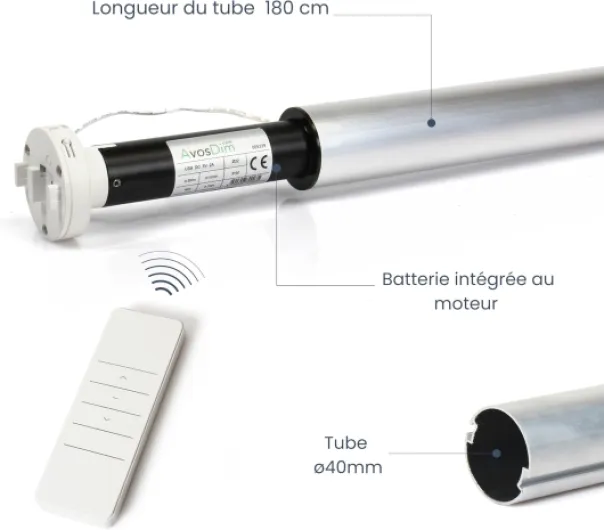 Store Enrouleur Kit Motorisation sans Fil Avosdim - Moteur à Batterie Rechargeable + Télécommande - Installation Facile (Tube ø40mm, LG Tube 180cm) Tube Ø40mm 180l x 4L cm