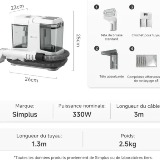 Test SIMPLUS Nettoyeur Tissus 15000Pa : petit extracteur pratique mais pas sans défauts