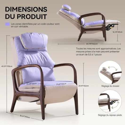 Fauteuil Relax avec Accoudoirs en Bois, Soutien Lombaire et Fonction d'extension, Fauteuil Inclinable Électrique avec d'inclinaison et Repose-Pieds, Fauteuil TV avec Appui-tête, Cuir Véritable
