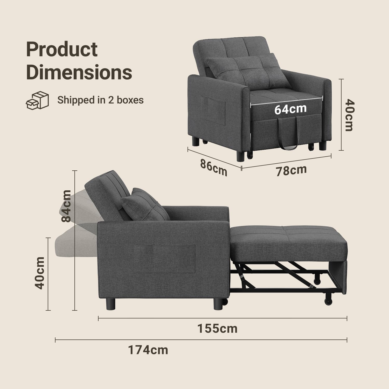 Fauteuil Chauffeuse 1 Place,3 en 1 Convertible Fauteuil-lit avec Fonction Lit avec Coussin et Sac, pour Petit Appartement (Gris foncé)