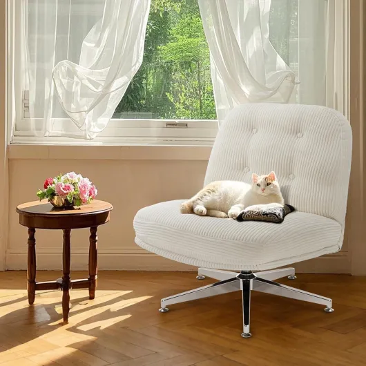 IWMH Fauteuil Salon Moderne, Grand Tabouret en Velours côtelé Fauteuil Scandinave Moelleux, Chaise Ergonomique à Pieds Croisés pour Salon, Chambre à Coucher (Blanc)