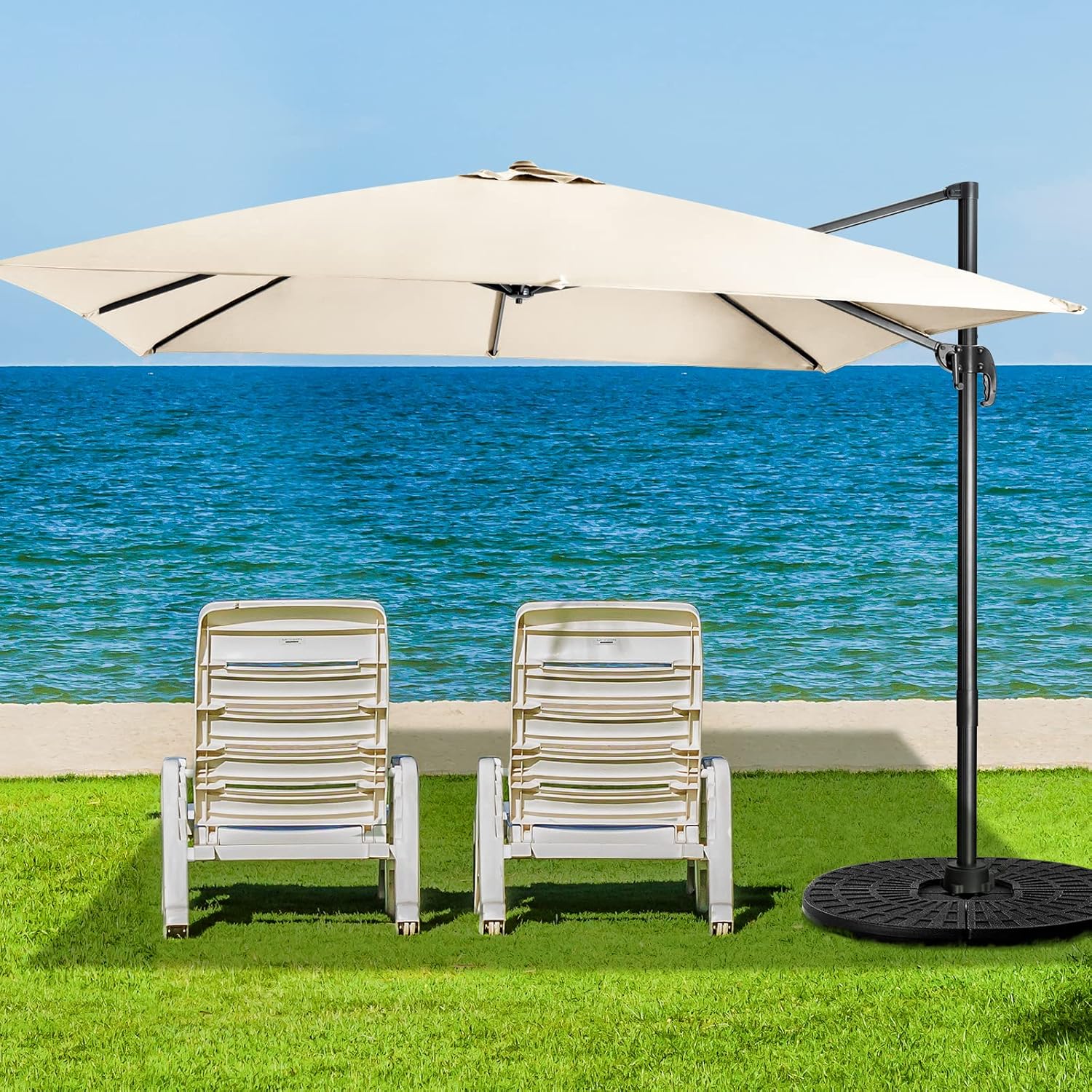 Parasol de Jardin Extérieur, Parasol Déporté Carré 3x3M à Manivelle, Inclinable et Rotation à 360°, 8 Baleines, Toit Double Ventilation Protection UV, pour Terrasse, Patio, Balcon, Beige 3 m - H.252 cm - sans Base Lestée Beige